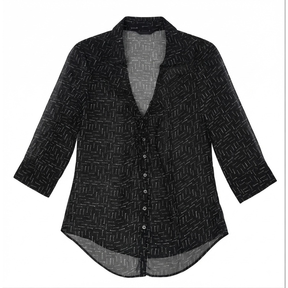 Banana Republic Sheer Black White Key Print Blouse Shirt Top Medium 3/4 Sleeve